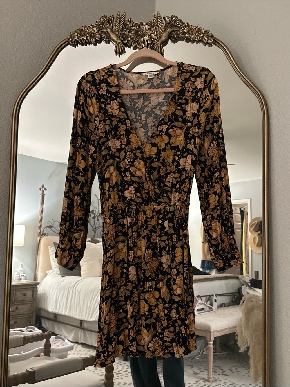 American Eagle Outfitters Black Dress with Mustard Floral Print - Long Sleeve